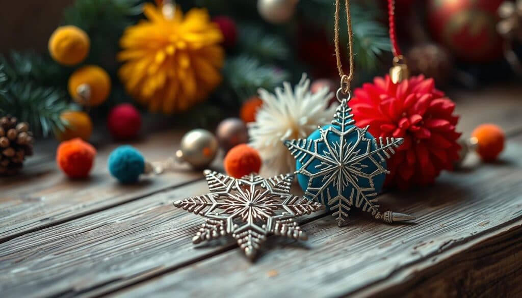 Pompom-Ornamente und Weihnachtssterne aus Metall Pompom-Ornamente und Weihnachtssterne aus Metall
