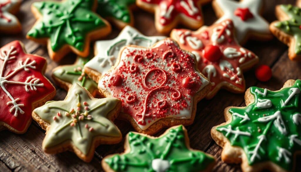 Weihnachtsplätzchen mit Zuckerguss und Dekoration Weihnachtsplätzchen mit Zuckerguss und Dekoration
