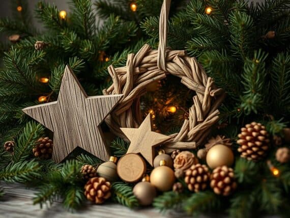 Weihnachtsdekoration aus Tannenzweigen & Holz