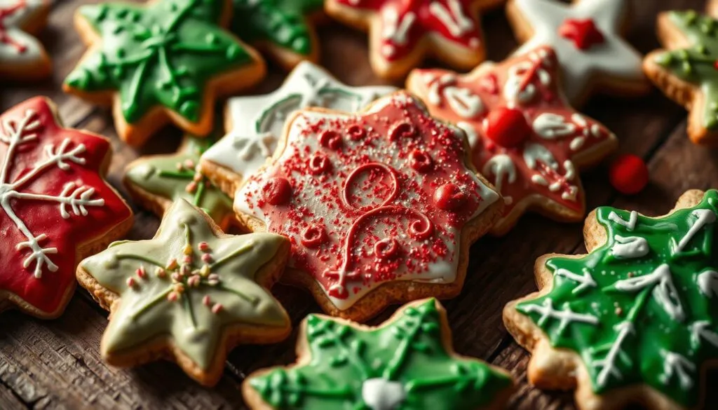 Weihnachtsplätzchen mit Zuckerguss und Dekoration