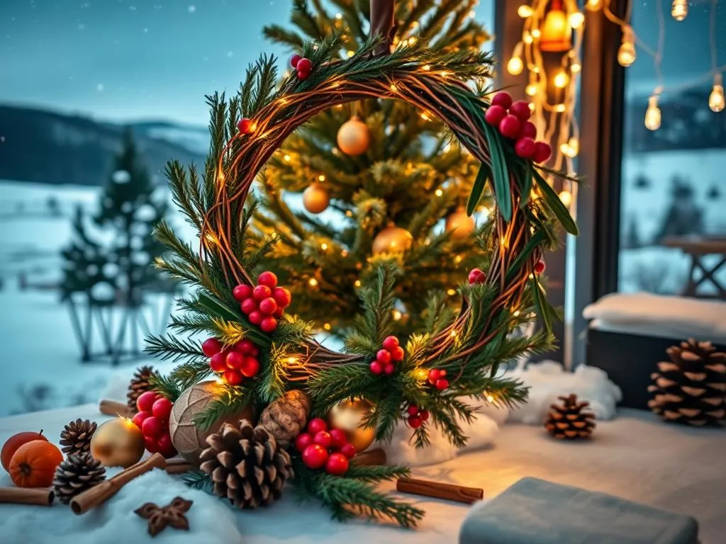 Natürliche Weihnachtsdekoration mit Lichteffekten Natürliche Weihnachtsdekoration mit Lichteffekten