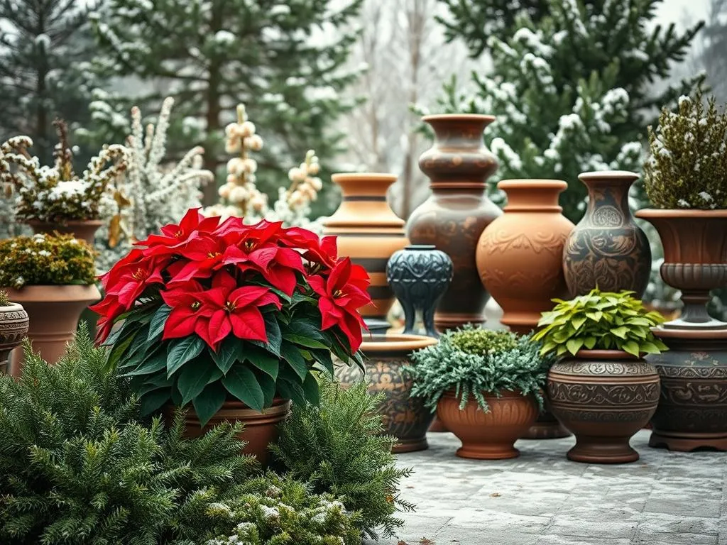 Winterdekoration Garten Pflanzen und Gefäße