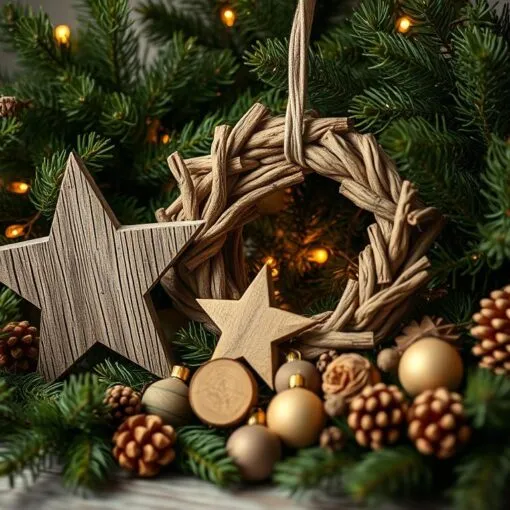 Weihnachtsdekoration aus Tannenzweigen & Holz