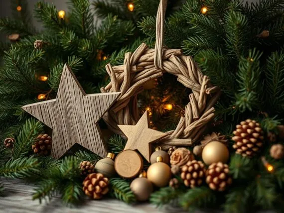 Weihnachtsdekoration aus Tannenzweigen & Holz
