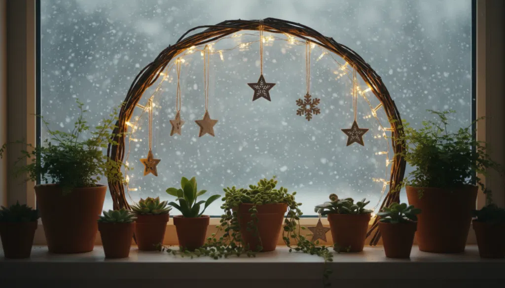 Natürliche Weihnachtsdeko mit Ästen und Lichterkette