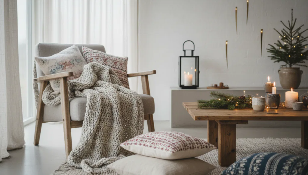 Textilien und Lichtakzenten skandinavische Weihnachtsdekoration